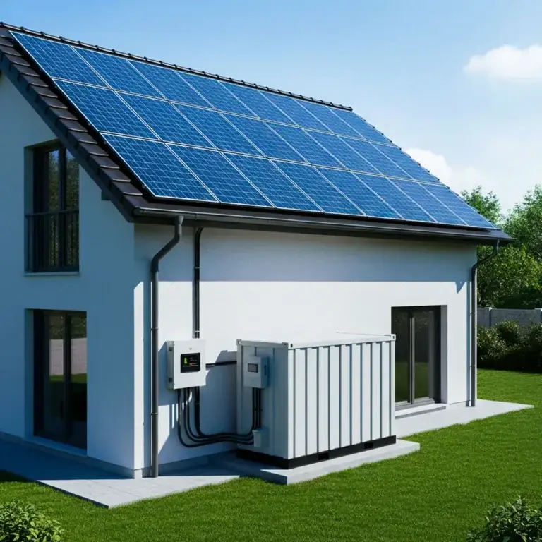 Casa con paneles solares en techo, sistema de almacenamiento