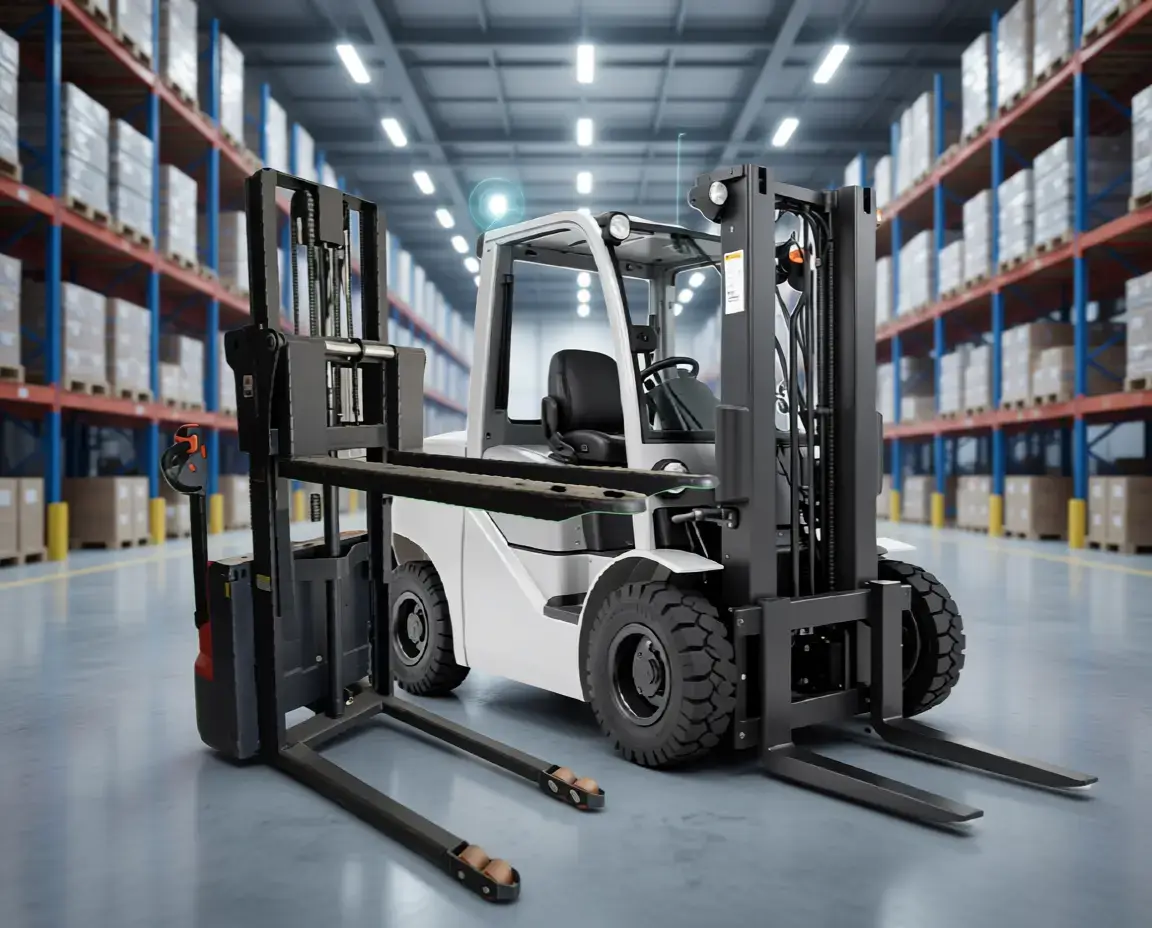 Forklift eléctrico y walking stacker eléctrico operando en un almacén industrial