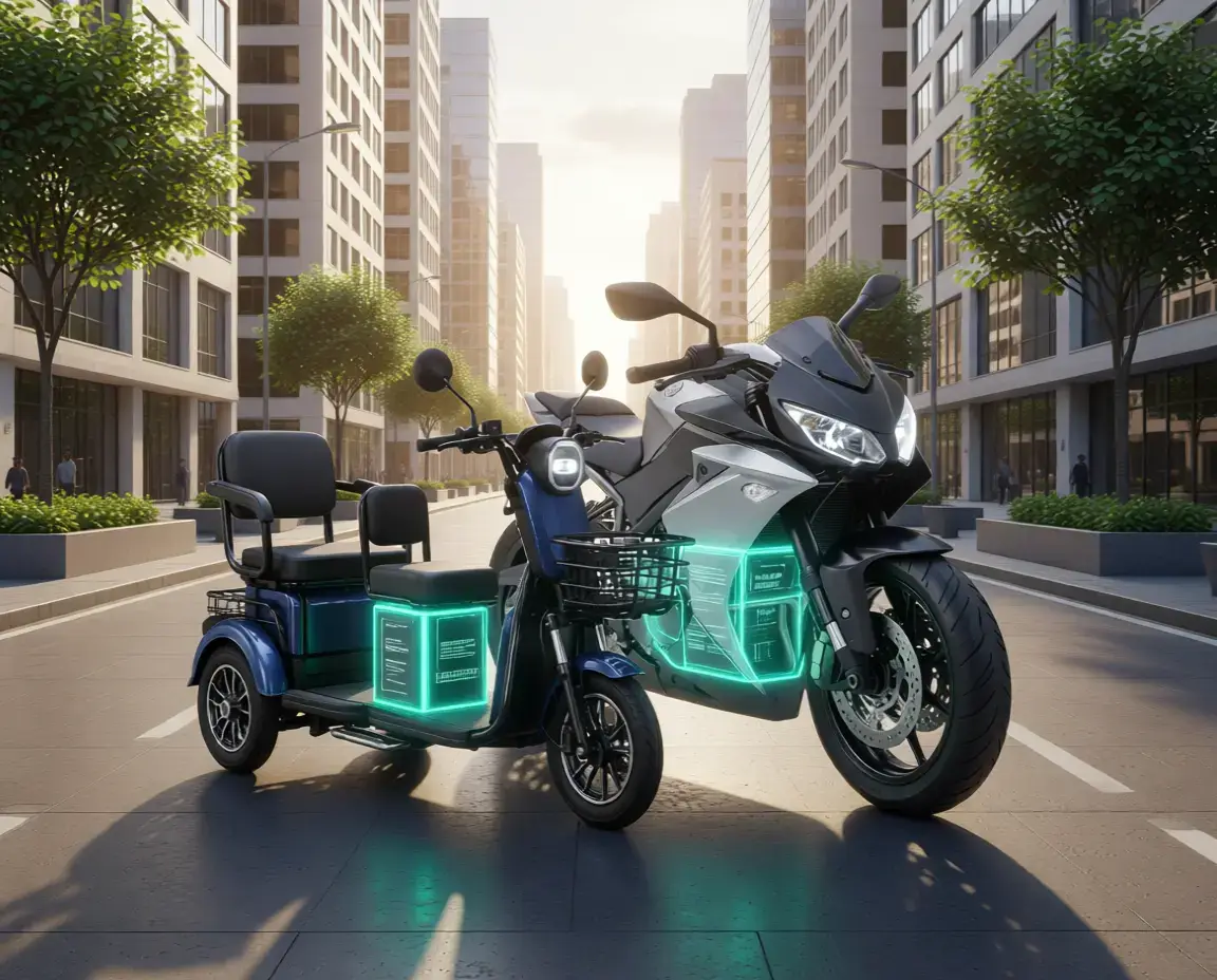 Motocicleta eléctrica y triciclo eléctrico circulando en un entorno urbano
