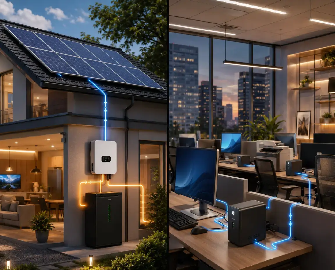 Sistema solar residencial con batería de almacenamiento y oficina equipada con sistemas UPS Backup