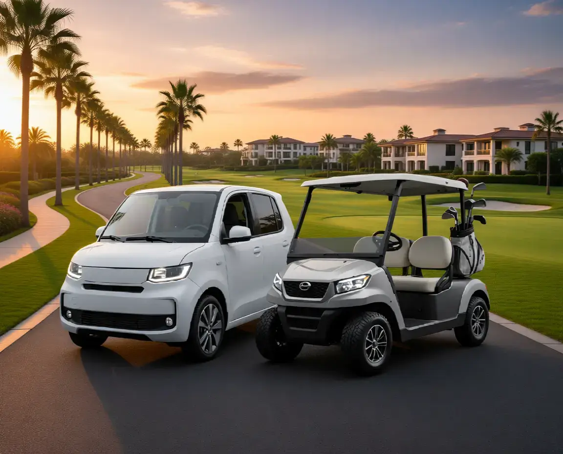 Vehículo eléctrico y golf cart eléctrico en un entorno urbano y recreativo
